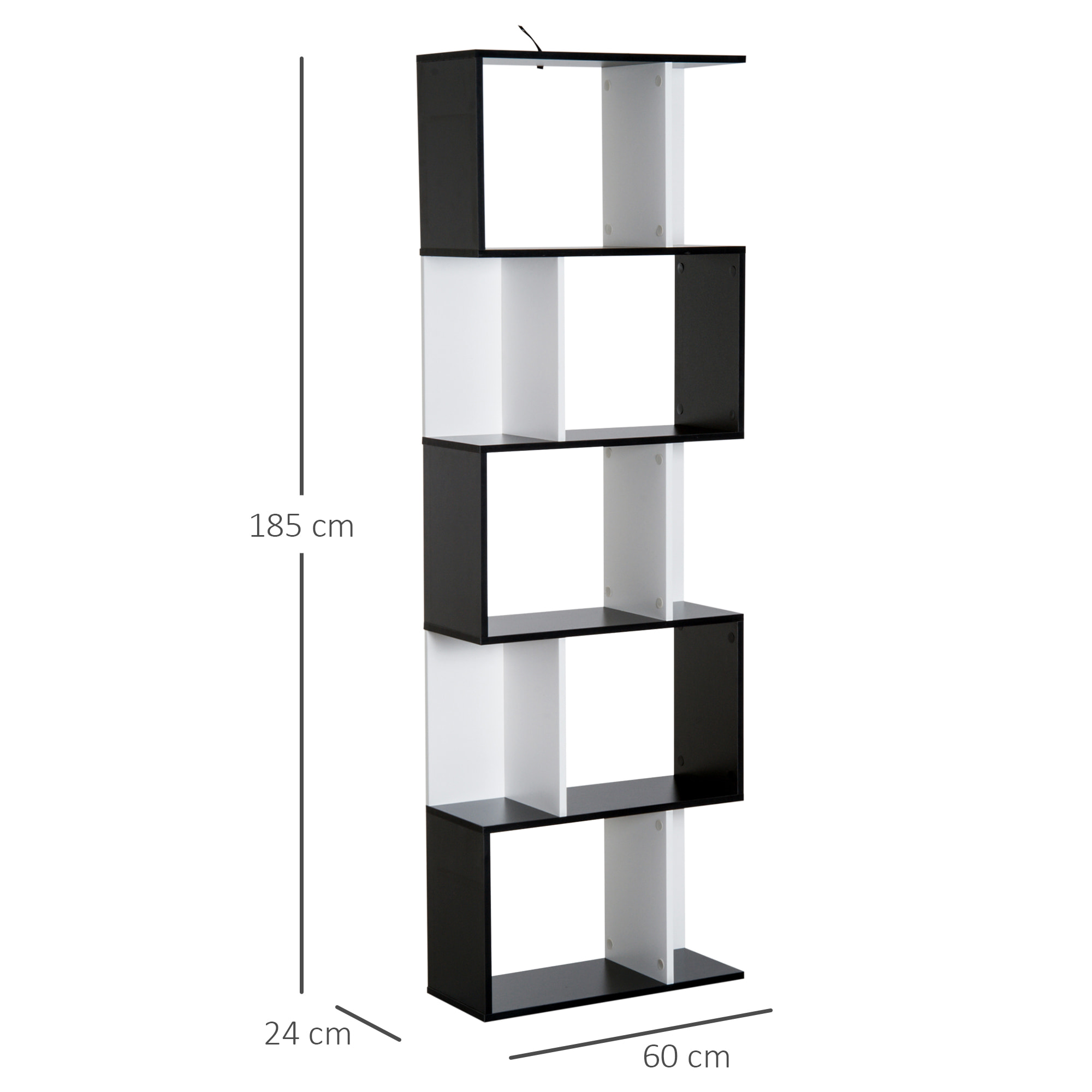 Bibliothèque étagère meuble de rangement design contemporain en S 5 étagères 60L x 24l x 185H cm noir blanc