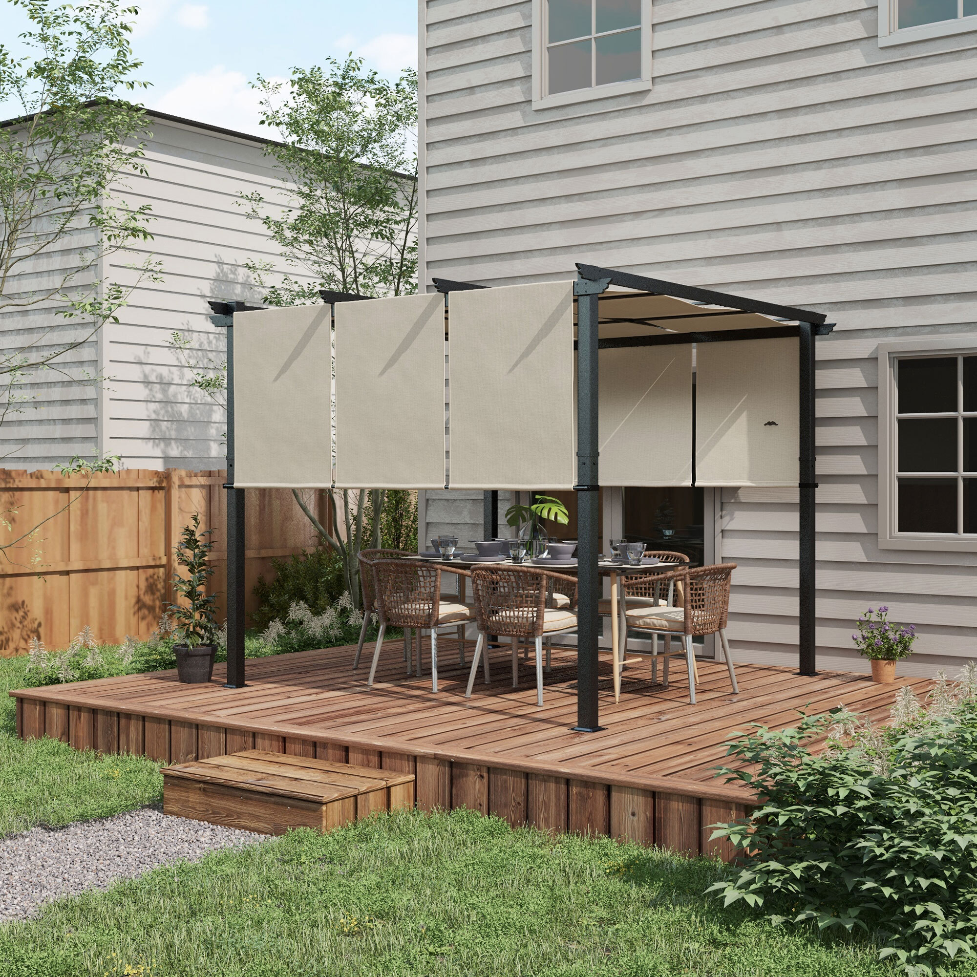 Pérgola de Jardín 3x3 m Cenador para Exterior con Techo Retráctil Marco de Acero Impermeable y Anti-UV para Terraza Patio Beige