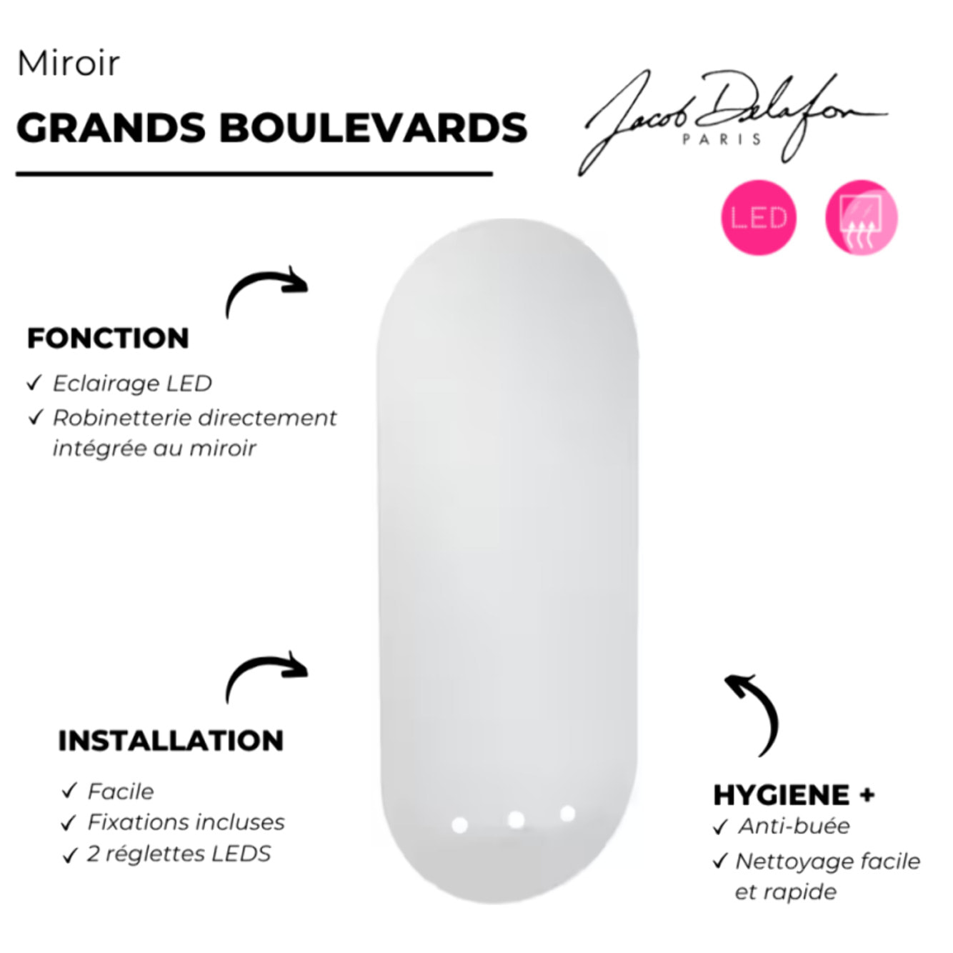 Miroir LED ovale Grands Boulevards 3 trous
