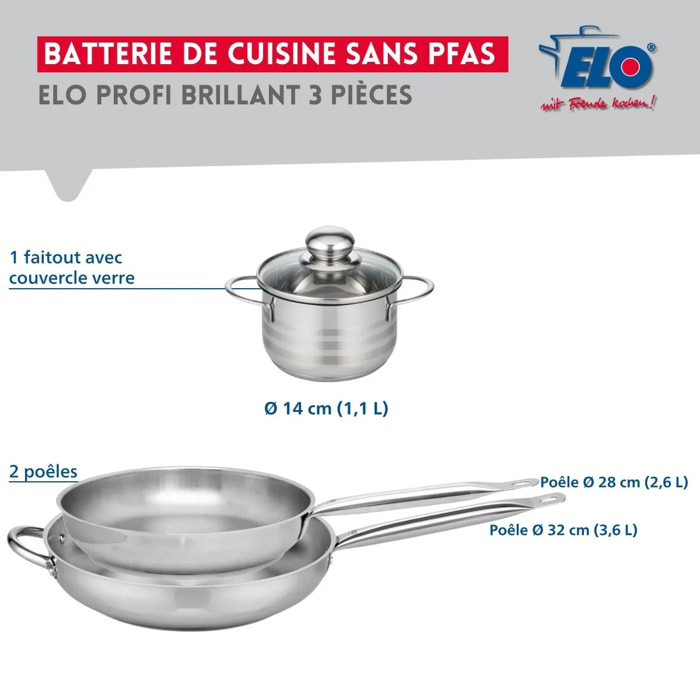Ensemble de 2 Poêles de cuisson 28 et 32 cm et 1 faitout 14 cm Elo Profi Brillant