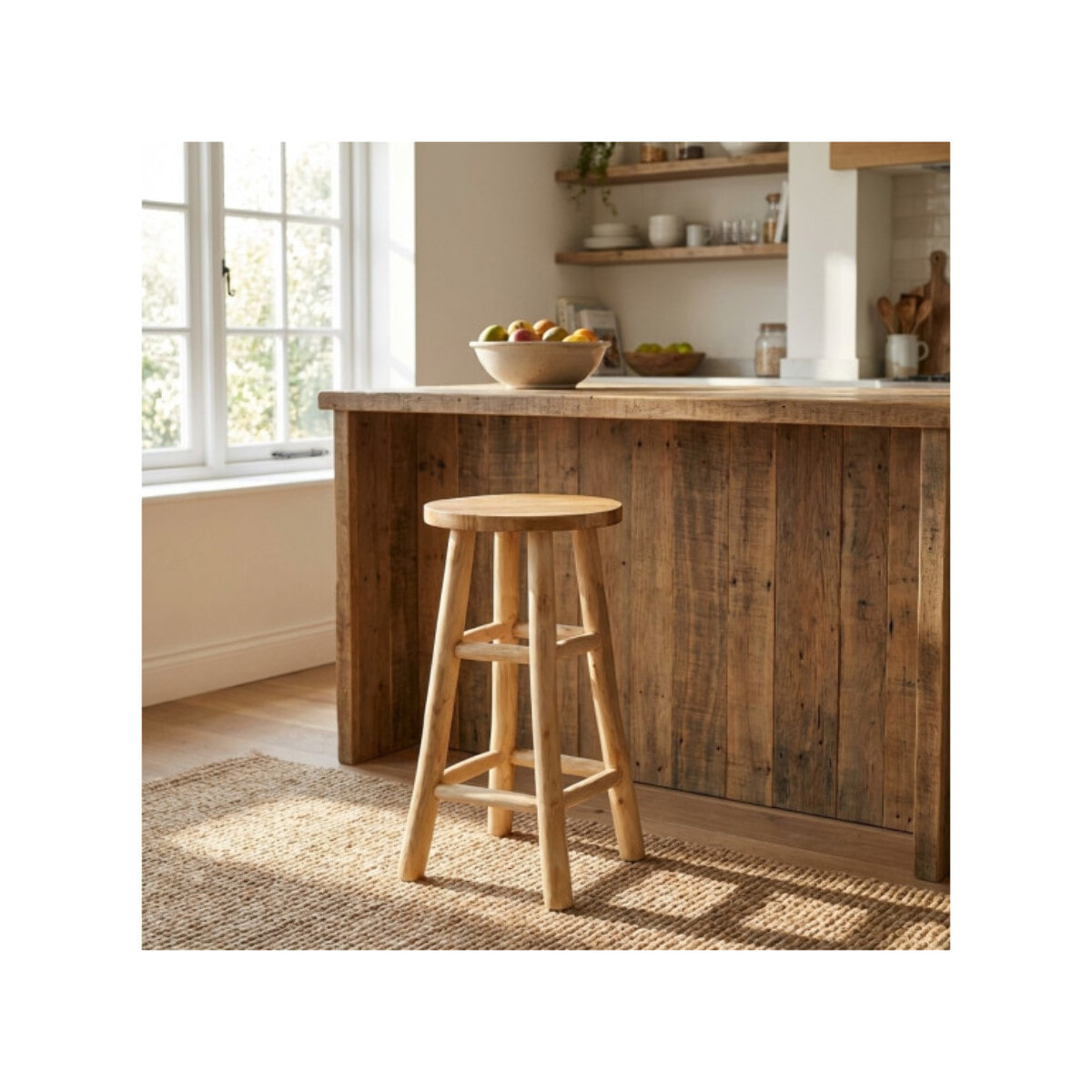 Tabouret de bar rond artisanal 65 cm de haut en bois de teck - MUFASA