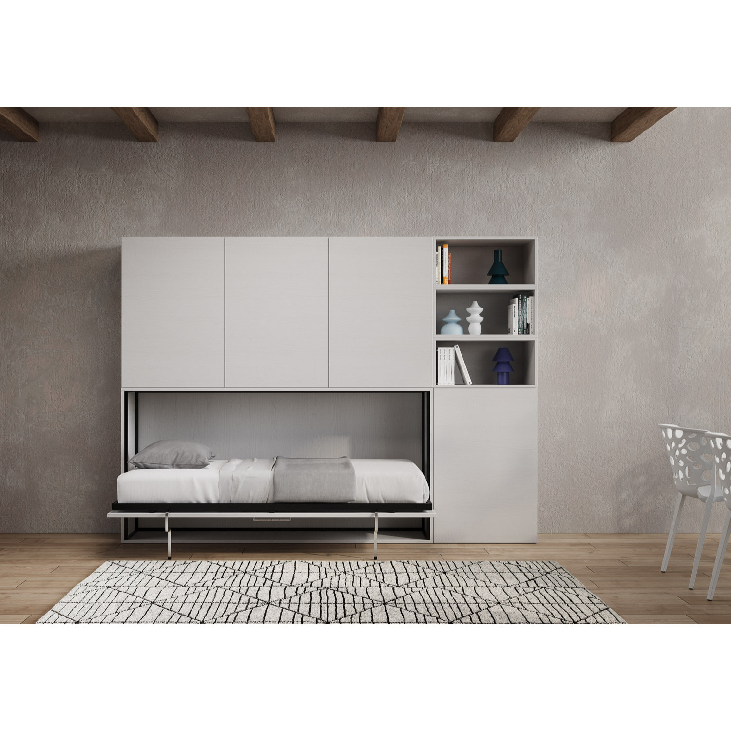 Armoire lit escamotable horizontal 1 couchage 85 Kando avec matelas composition F Frêne Blanc