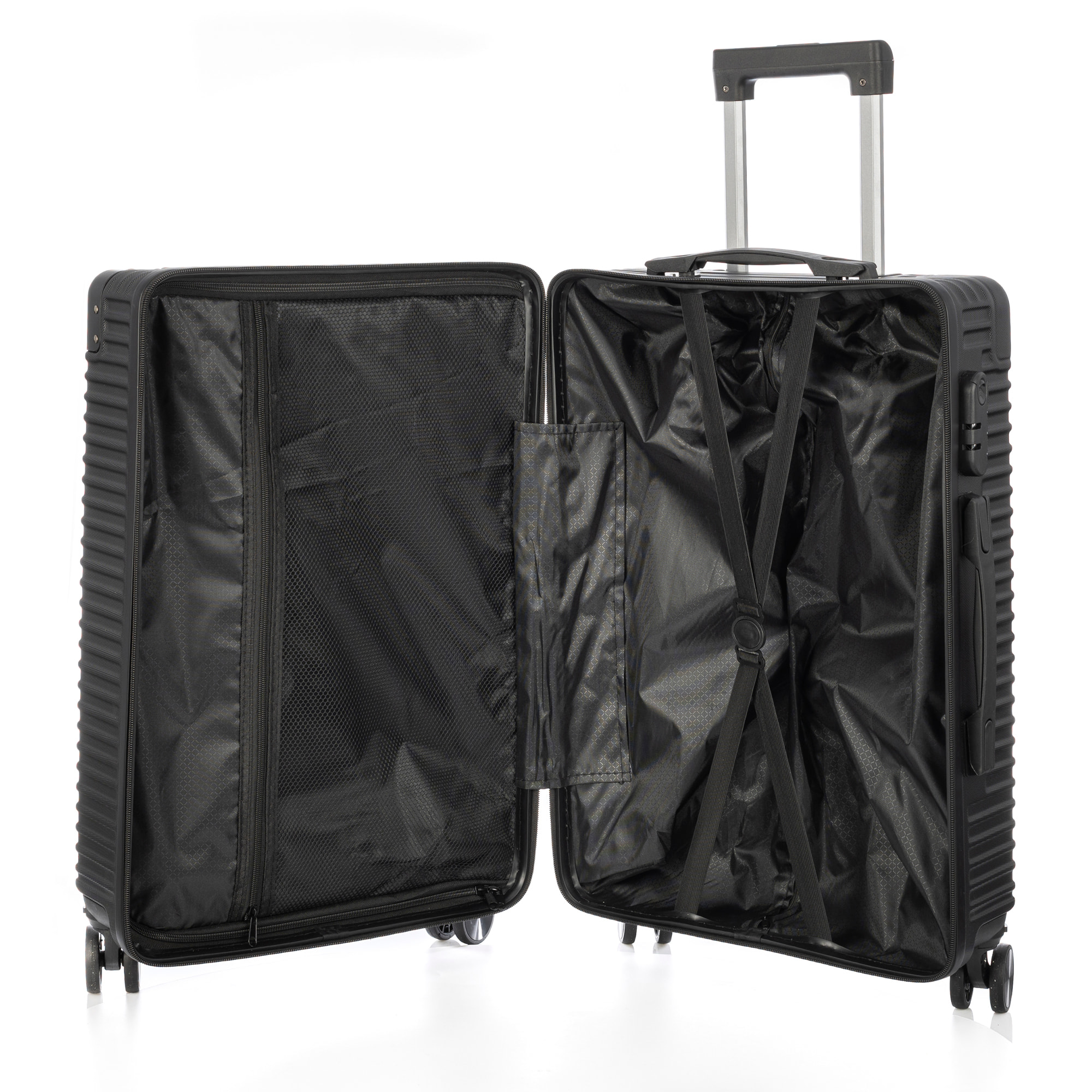 DAM Valigia media trolley rigida ultraleggera, in ABS ad alta resistenza con angoli rinforzati. Chiusura numerica e 4 ruote doppie estraibili e girevoli a 360°. 46x27x70 Cm. Colore: Nero