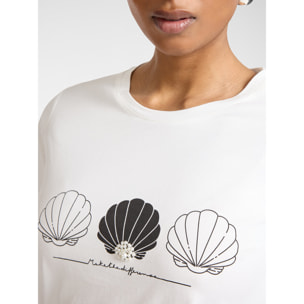 Elena Mirò - T-shirt in cotone stampata con perle - Bianco