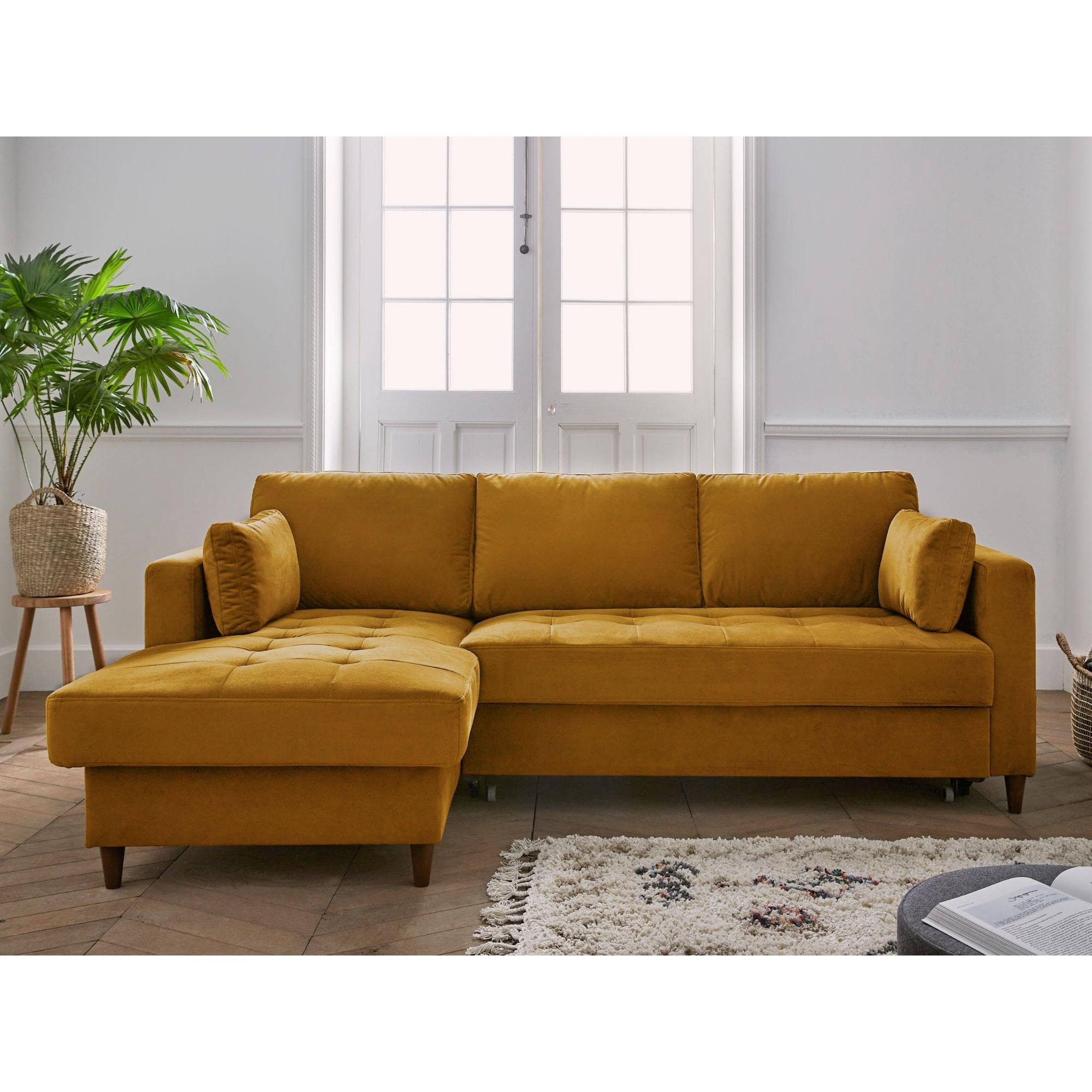 Anna - canapé d'angle gauche - 4 places - convertible avec coffre - en velours - Jaune