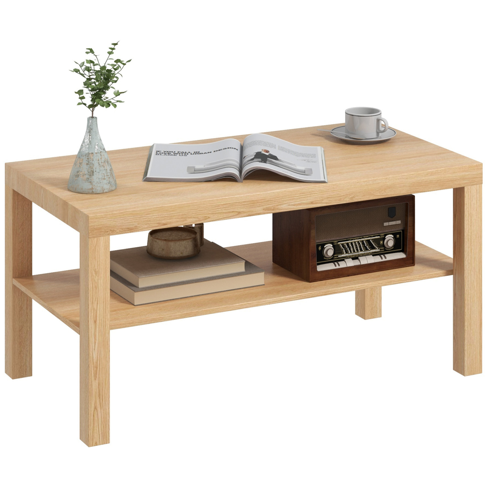 Mesa de Centro Mesa baja para Salón con 2 Estantes de Almacenamiento para Sala de Estar Dormitorio 90x45x44,5 cm Natural