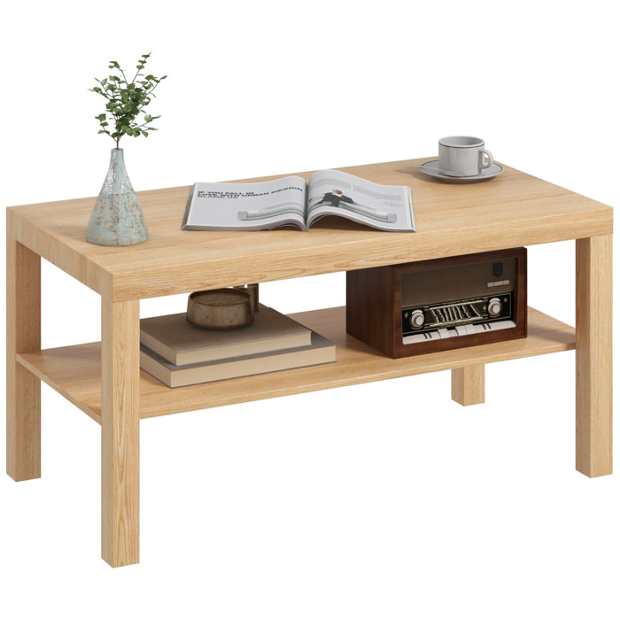 Mesa de Centro Mesa baja para Salón con 2 Estantes de Almacenamiento para Sala de Estar Dormitorio 90x45x44,5 cm Natural