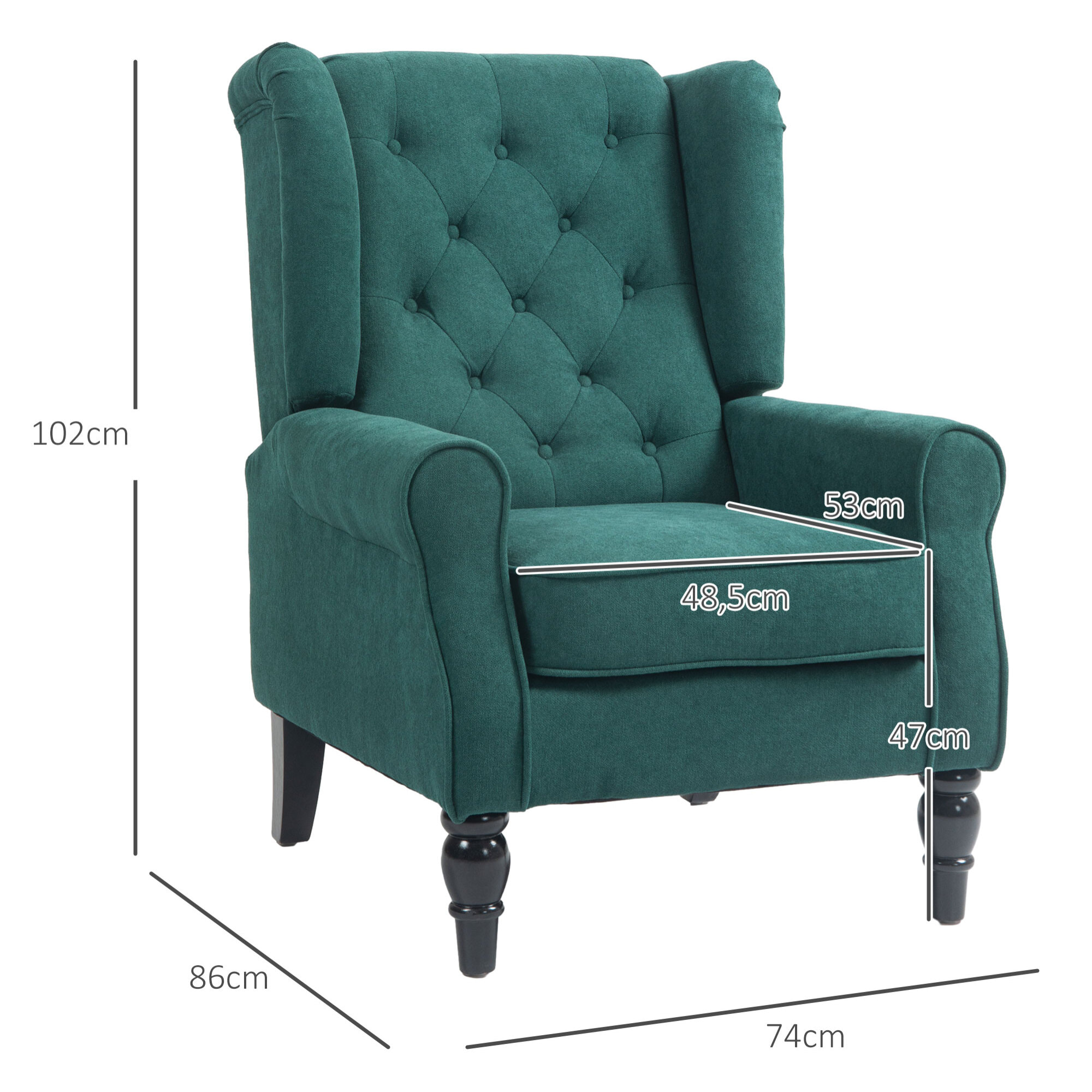 Fauteuil à oreilles style Chesterfield dossier capitonné grand confort bois noir tissu vert