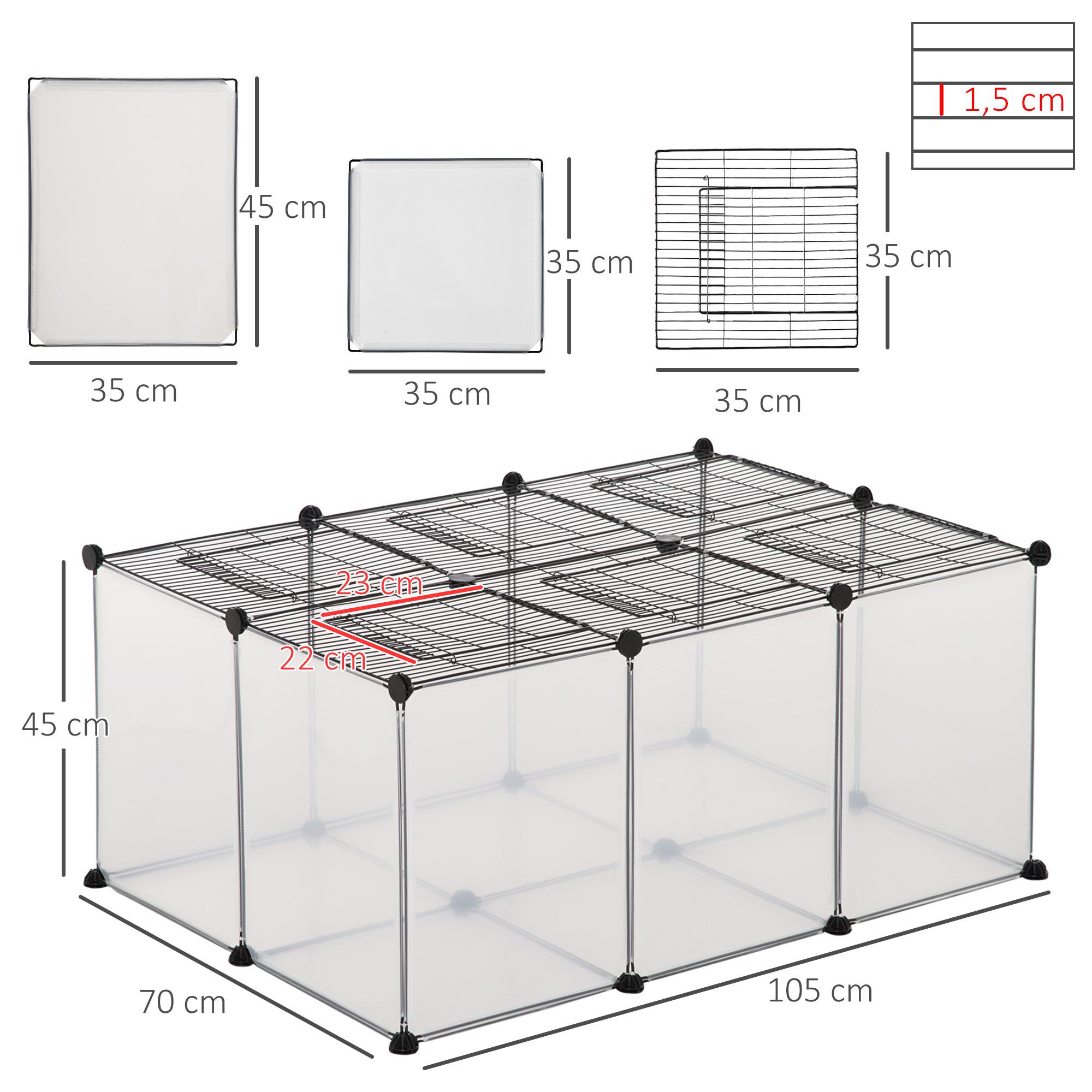 Valla para Animales Pequeños con 16 Paneles de Resina y 6 Paneles de Alambre con Puertas DIY Parque para Cobayas Conejos 105x70x45 cm Translúcido y Negro