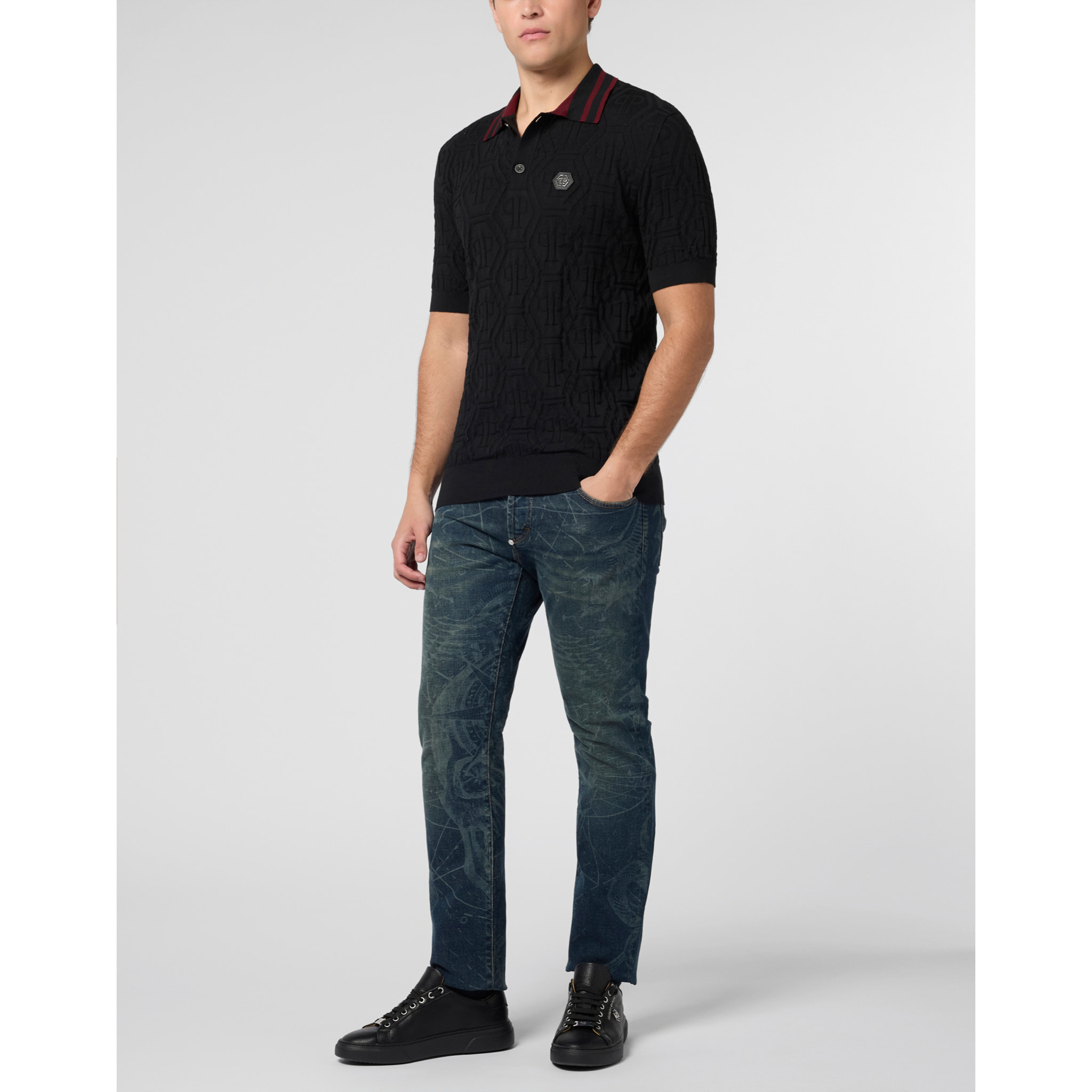 PHILIPP PLEIN Knitted Polo T-Shirt Jacquard Monogram