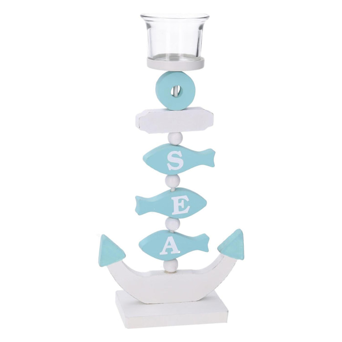 Portacandela in legno mare 1 posto "sea" azzurro cm14x7h24,5/29