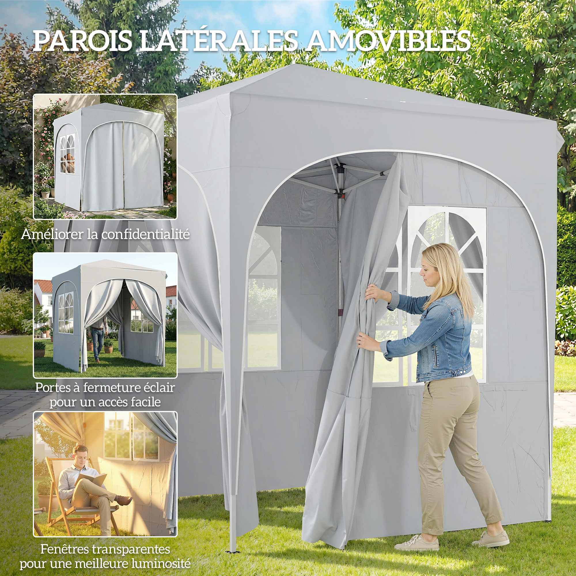 Tonnelle barnum pliable pop-up 2 x 2 m hauteur réglable gris clair