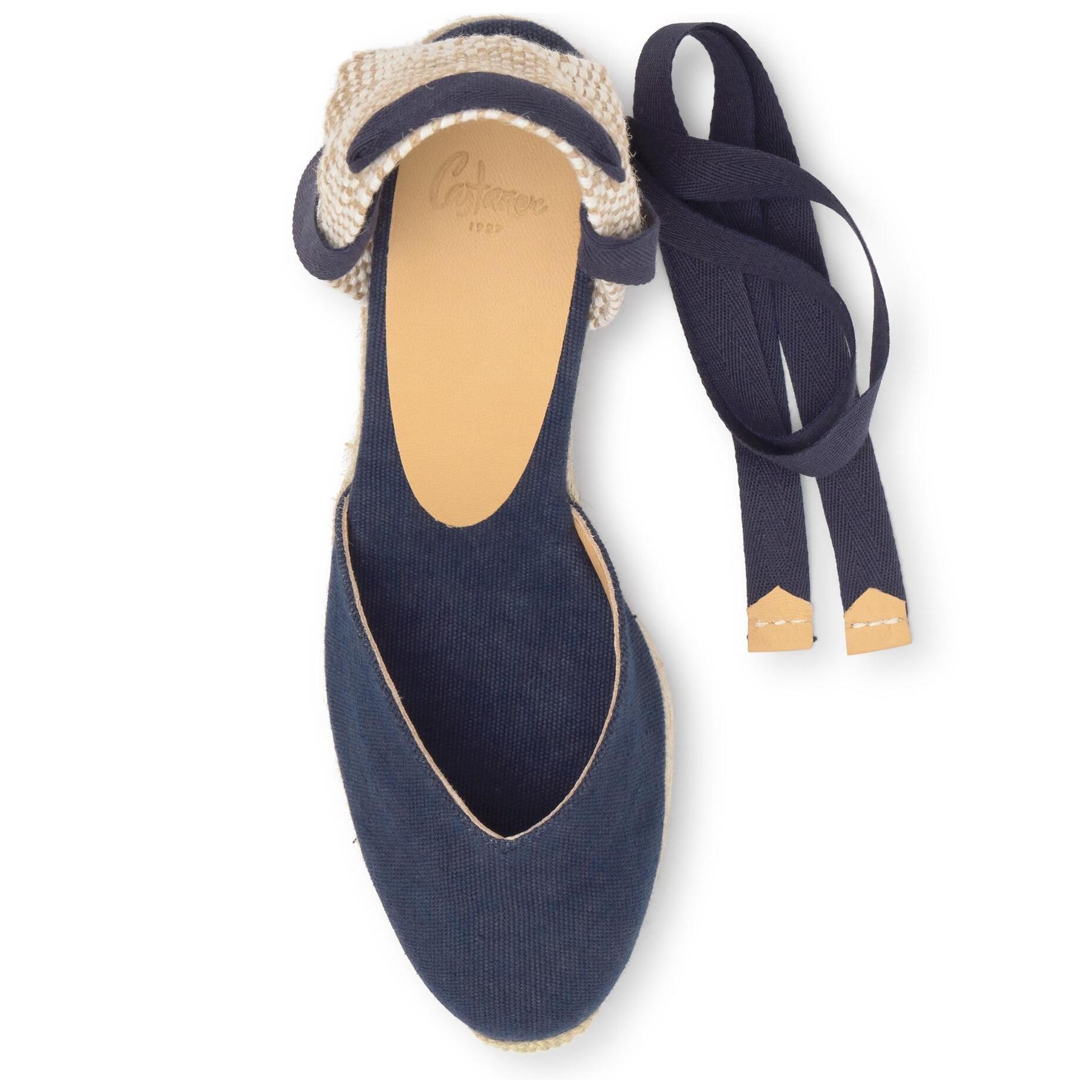 Alpargata con cuña 7 cm en lona de algodón con pala en v y cintas al tobillo
