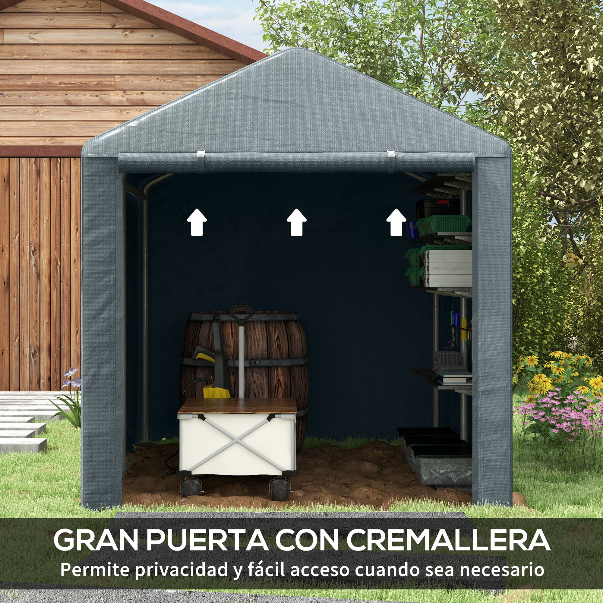 Carpa para Herramientas Bicicletas y Motos 1,6x2,2x1,7 m Garaje Portátil con 2 Habitaciones Puerta con Cremallera Impermeable Anti-UV Cochera Portátil para Jardín Gris Oscuro