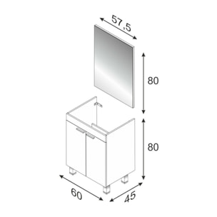 Mobile sottolavabo Naperville, Mobiletto per bagno, Armadio a 2 ante con specchio, lavabo non incluso, cm 60x45h80, Bianco lucido