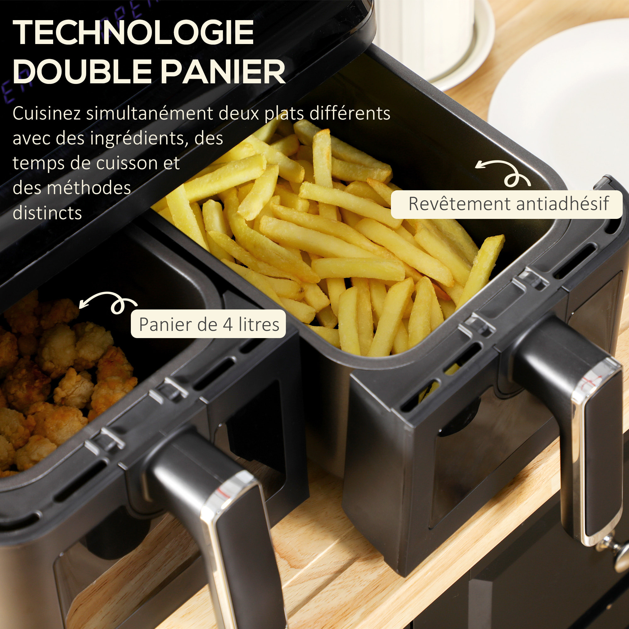 Friteuse à air 2 paniers 2500W 8L - air fryer multifonction 8 programmes - température réglable - timer 60 min. - noir