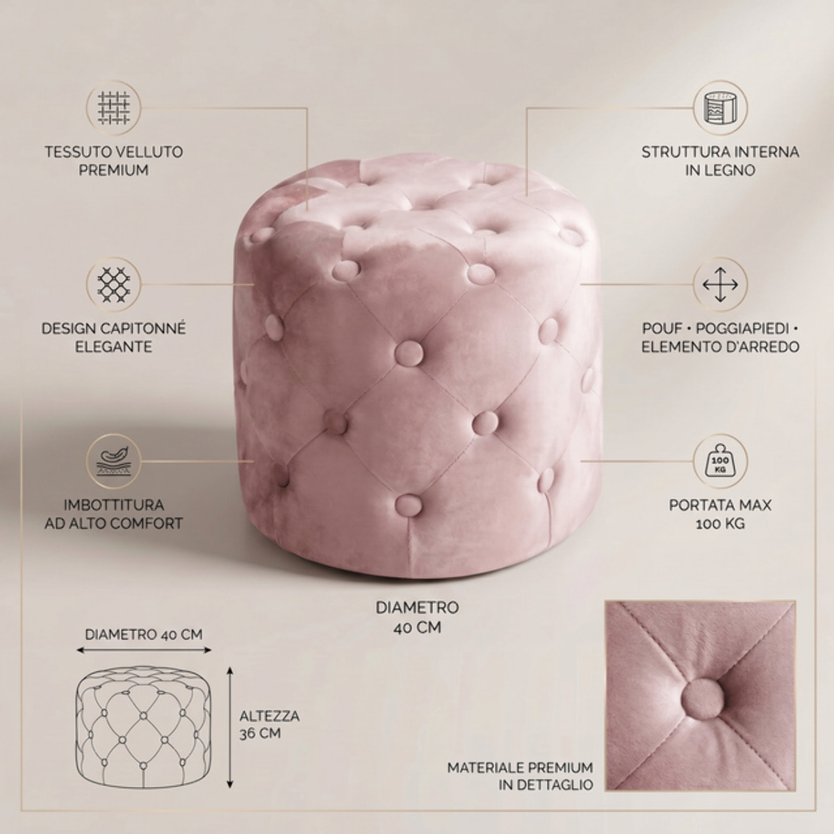 Pouf Poggiapiedi in Velluto Capitonné, Pouf Contenitore Design Moderno, Seduta Imbottita Multiuso per Soggiorno Camera da Letto Living, Complemento d’Arredo Elegante Stile Contemporaneo