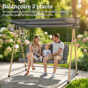 Balancelle de jardin 3 places design structure acier effet bois auvent réglable gris