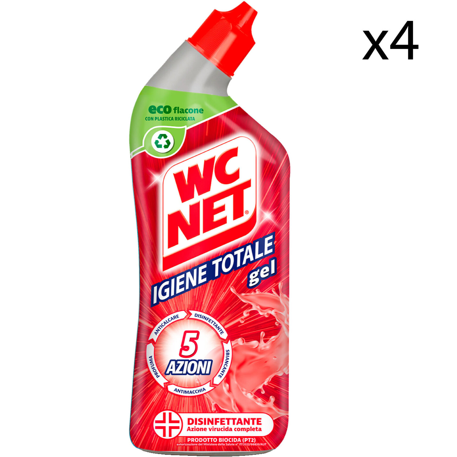 4x WC Net Igiene Totale Gel 5 Azioni Disinfettante Elimina Calcare e Batteri Presidio Medico Chirurgico - 4 Flaconi da 700ml