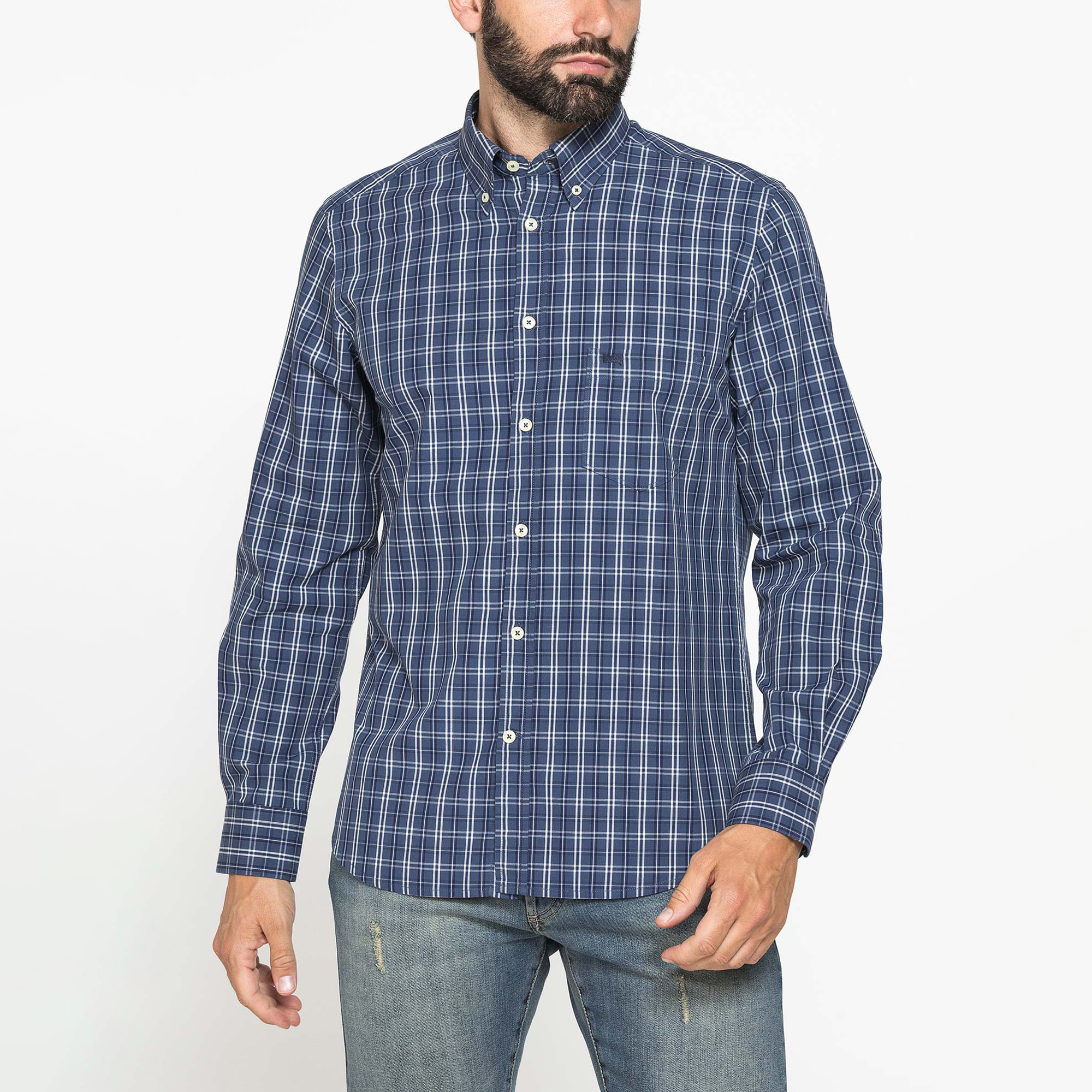 CAMICIA FANTASIA TINTO FILO CON COLLO BUTTON-DOWN