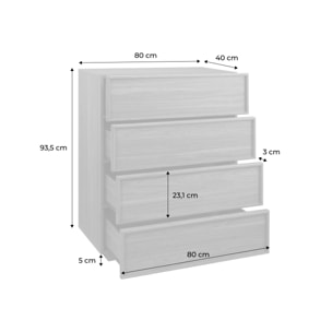 Commode de rangement effet bois noyer 4 tiroirs L 80 x P 43 x H 98.5cm - Kuba
