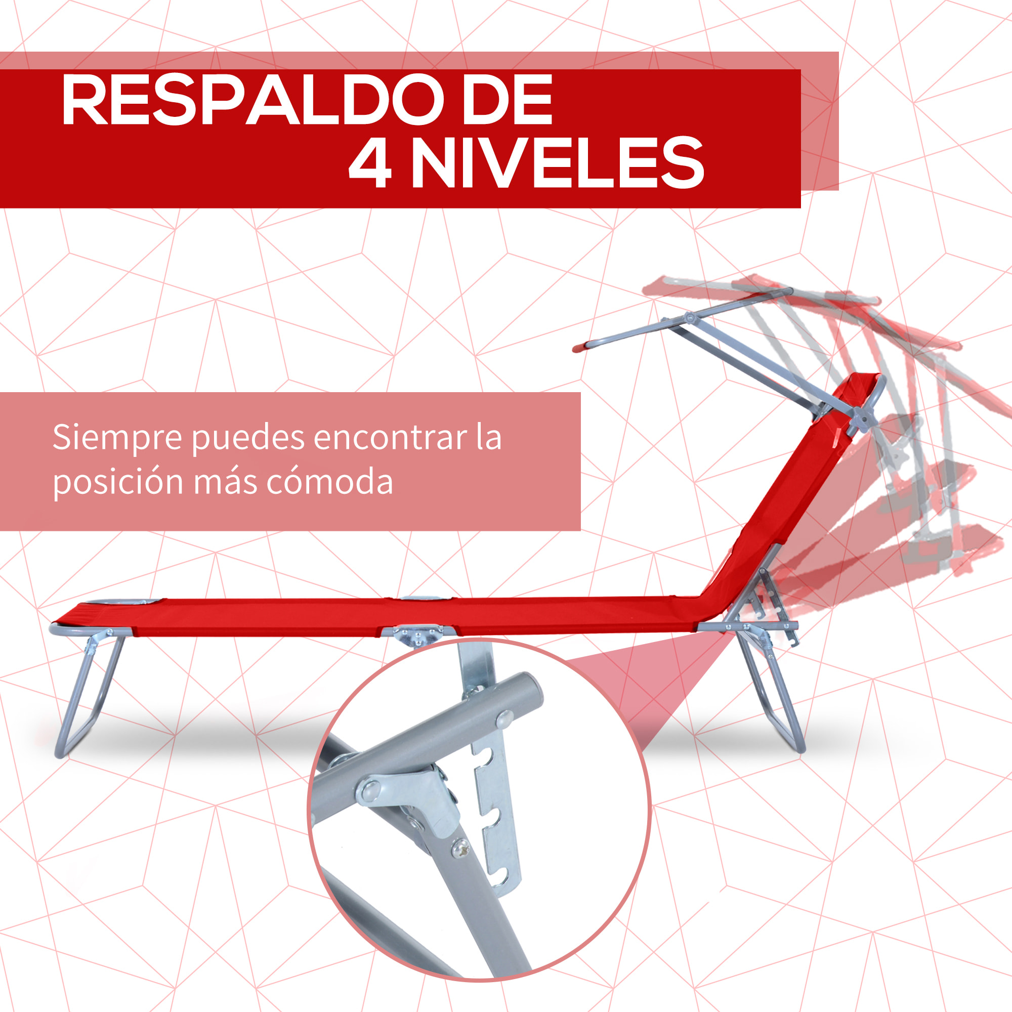 Tumbona Plegable Tumbona de Jardín Exterior Reclinable con Toldo Desmontable con ángulo Regulable Respaldo Ajustable en 4 Niveles para Terraza Piscina Patio 187x58x36 cm Rojo