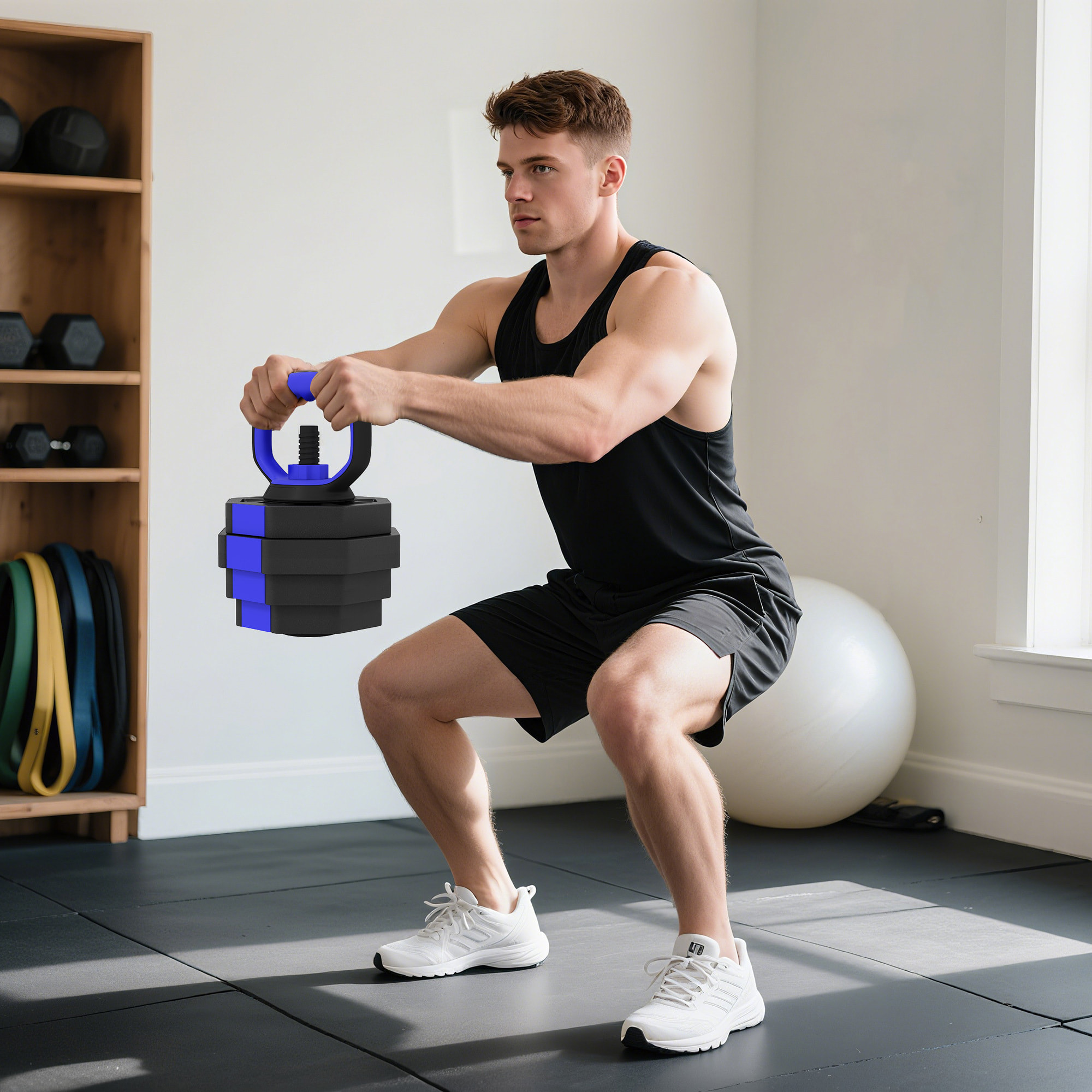 Ensemble d'haltères musculation multifonction 4 en 1 - haltères, kettlebell, push-up support, Olympic barre - total 30Kg - PVC bleu noir