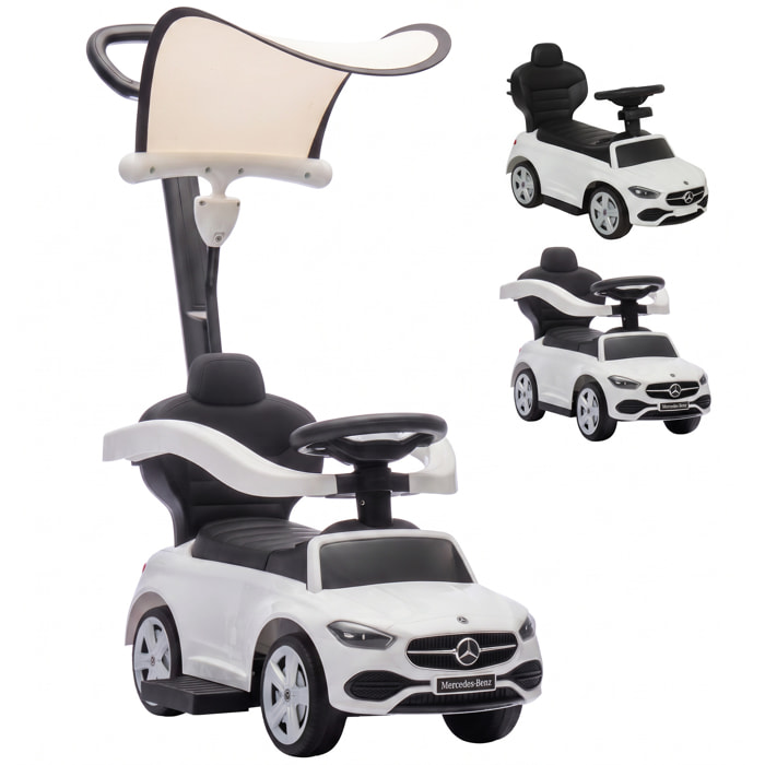 Correpasillos para Bebés 3 en 1 Mercedes-Benz, Coche Correpasillos con Barra de Empuje, Capota Extraíble, Barandilla de Seguridad, Claxon, Música, Almacenaje Bajo Asiento, 12-36 Meses, Blanco