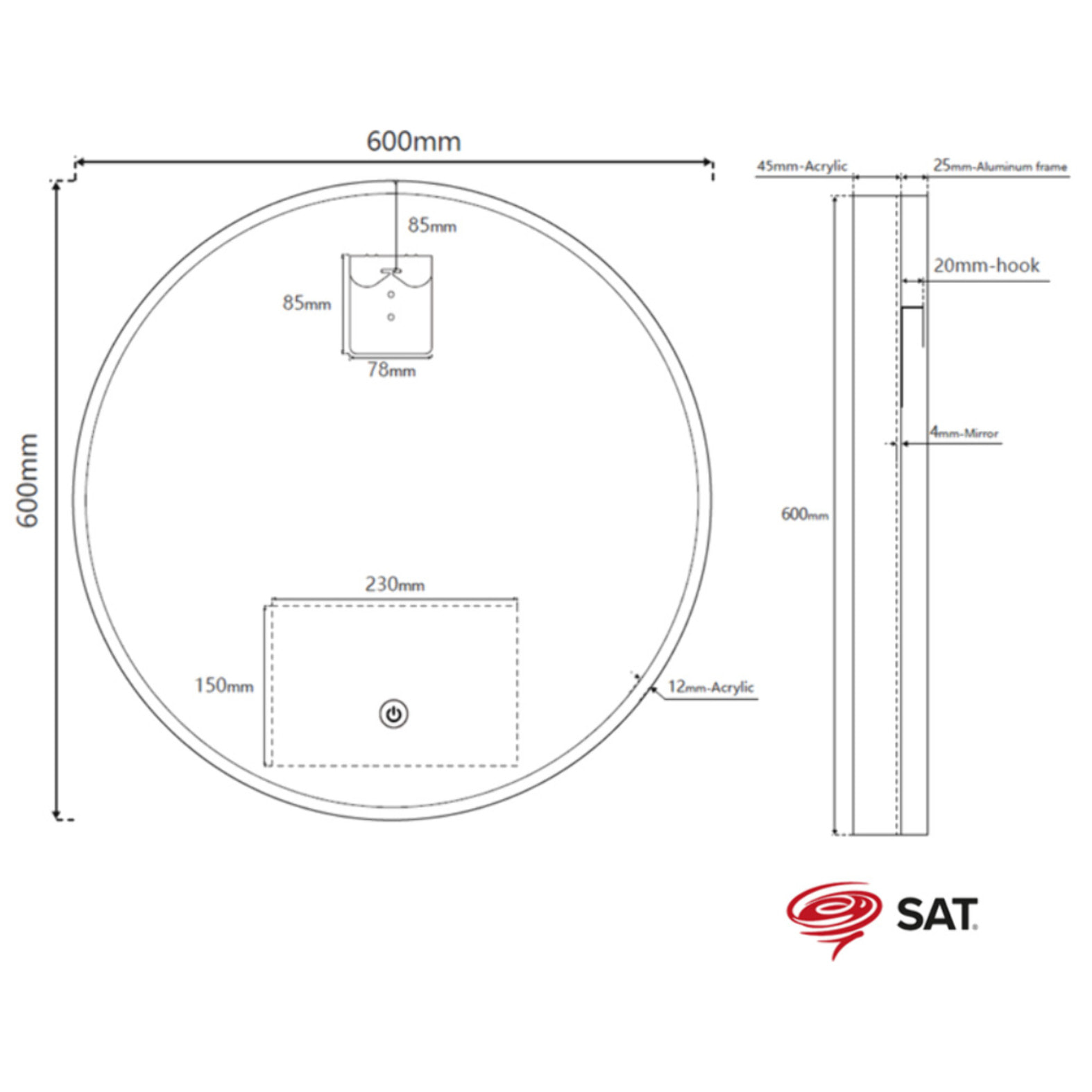 Miroir mural rond de 60 cm, avec éclairage LED et capteur, bord transparent lumineux, mémoire réglages (SATZFULED60)