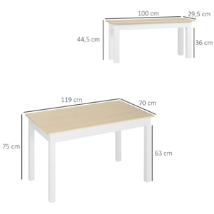 Ensemble table à manger 3 pièces - 2 bancs encastrables, grande table 4-6 personnes - blanc aspect bois clair