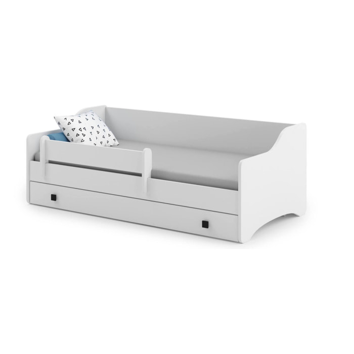 Letto singolo per bambini, Lettino con cassettone e protezione anticaduta per cameretta, cm 164x85h60, colore Bianco e Nero