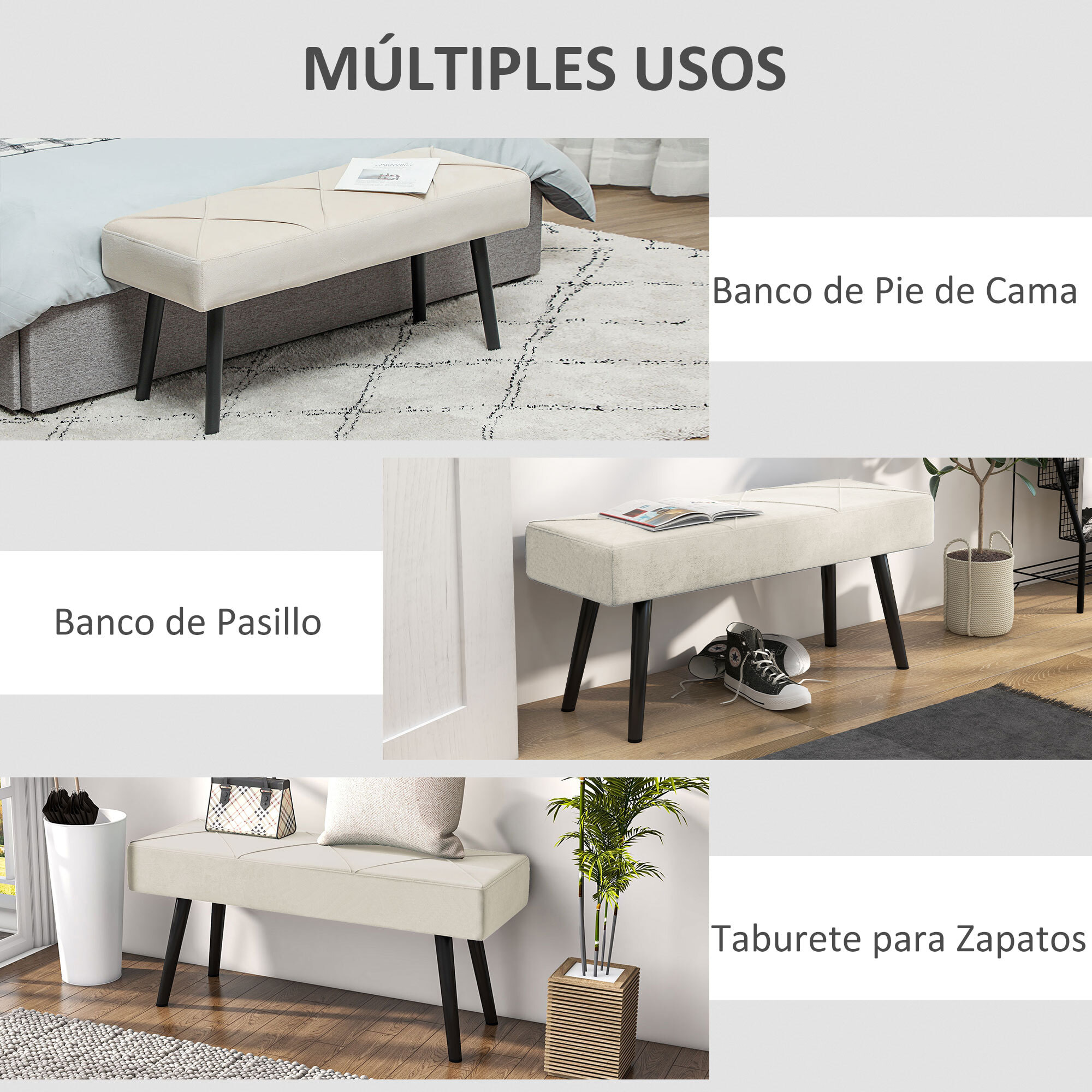 Taburete Pie de Cama Multifuncional, Banco Pie de Cama Moderno, Banco Dormitorio con Asiento Acolchado y Patas de Acero, Carga 120 kg, para Entrada, Pasillo, Salón, 100x36x45 cm, Blanco Crema