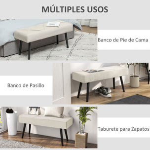 Taburete Pie de Cama Multifuncional, Banco Pie de Cama Moderno, Banco Dormitorio con Asiento Acolchado y Patas de Acero, Carga 120 kg, para Entrada, Pasillo, Salón, 100x36x45 cm, Blanco Crema