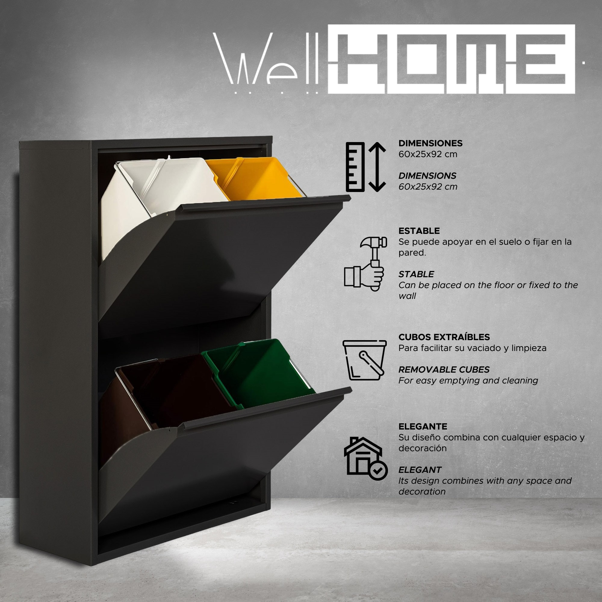 Well home - cubo de basura y reciclaje metálico de 4 compartimentos, 4x17l (68l) negro mate