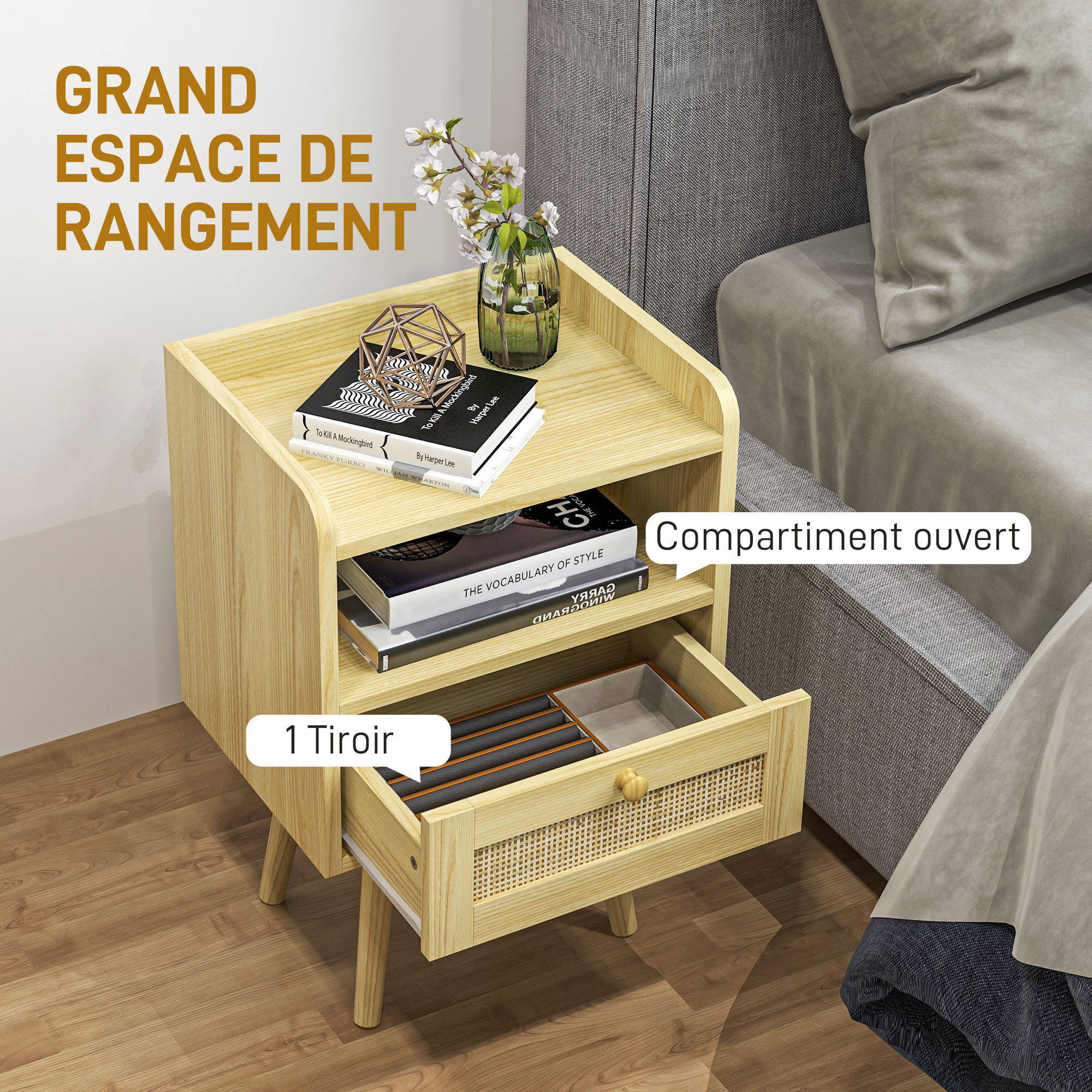 Lot de 2 chevets tables de nuit style bohème cannage - tiroir, niche - bois de pin effet bois clair