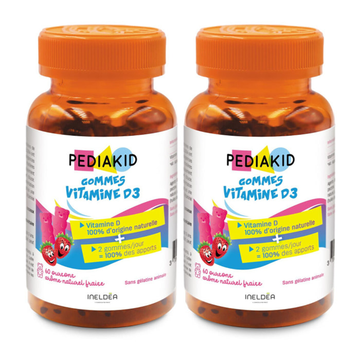 PEDIAKID - Gommes Vitamine D3 - Renforcement des défenses naturelles - Croissance & résistance - Dès 3 ans - Goût Fraise - Couvre 100% des apports journaliers recommandés - Lot de 2 Piluliers