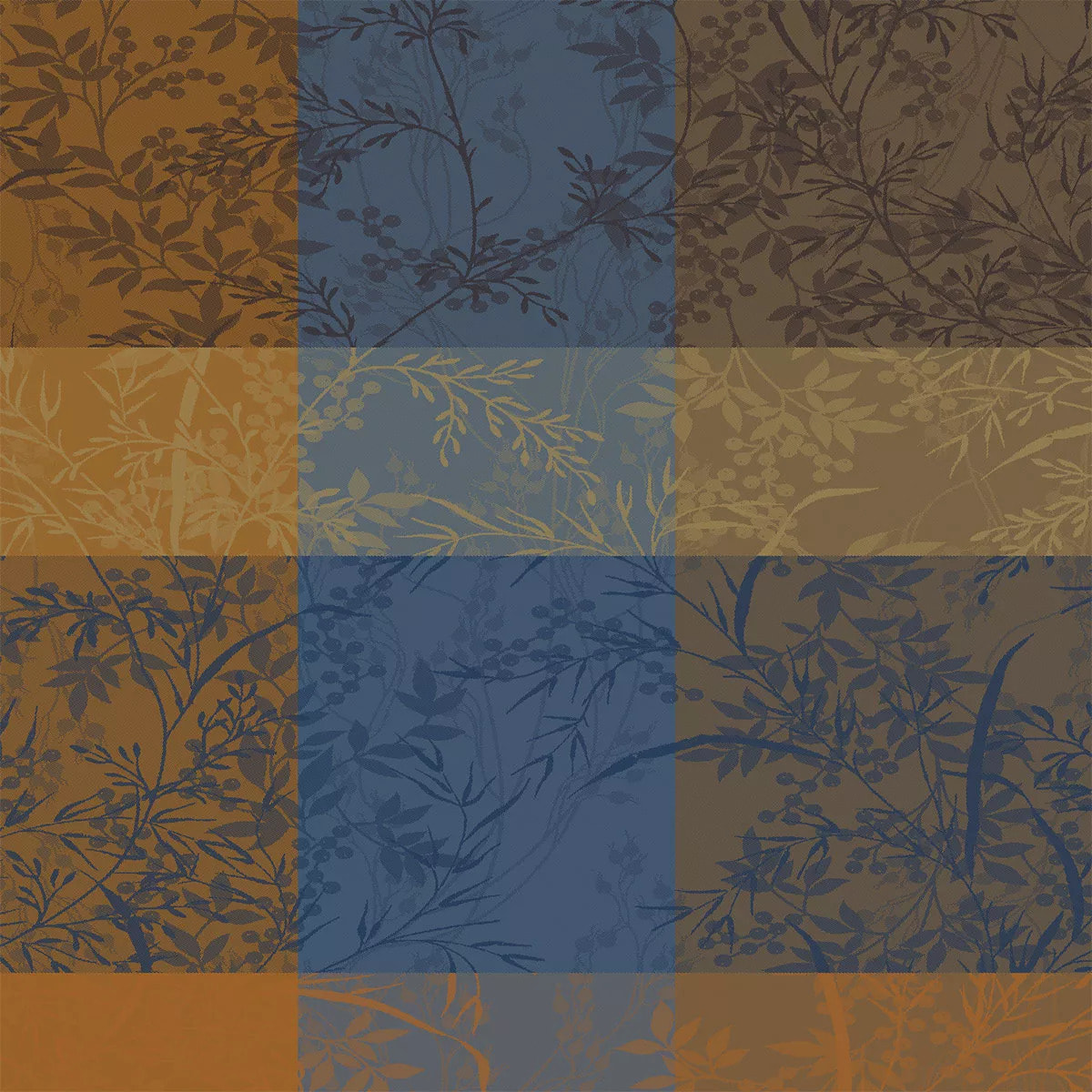Serviette pur coton 220 g/m² motif jacquard bleu brun Mille branchages crepuscule