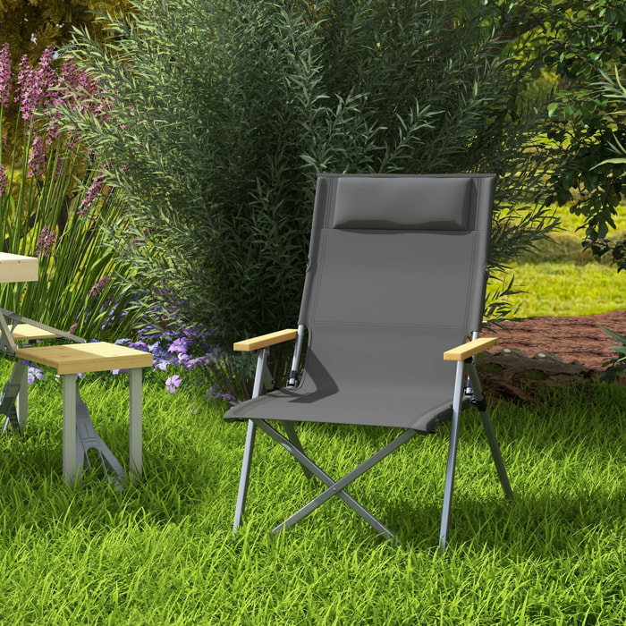 Chaise de camping pliable portable inclinable pochette rangement tétière alu accoudoirs bois gris