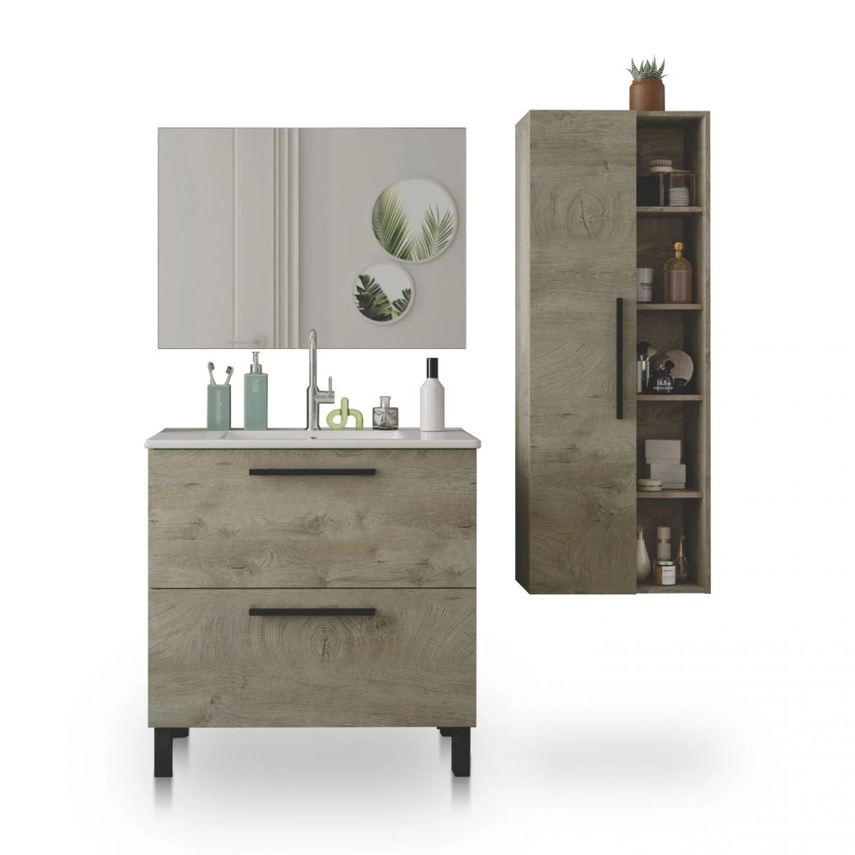 Pack de baño con lavabo cerámico y columna Sense Plus V2 Roble Alaska