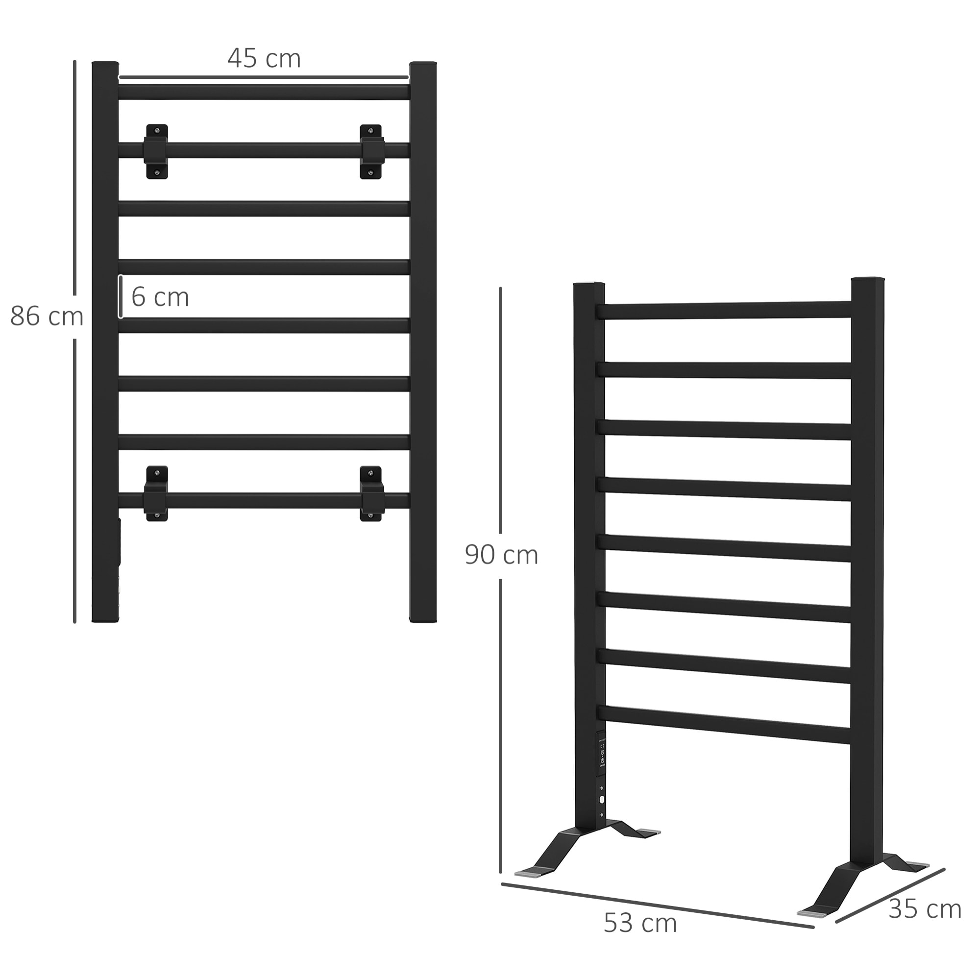 Toallero Eléctrico de Pared o Suelo 150â‚¬Â¯W Calentador de Toallas de Aleación de Aluminio con Función de Temporizador y 8 Barras para Baño 53x35x90 cm Negro