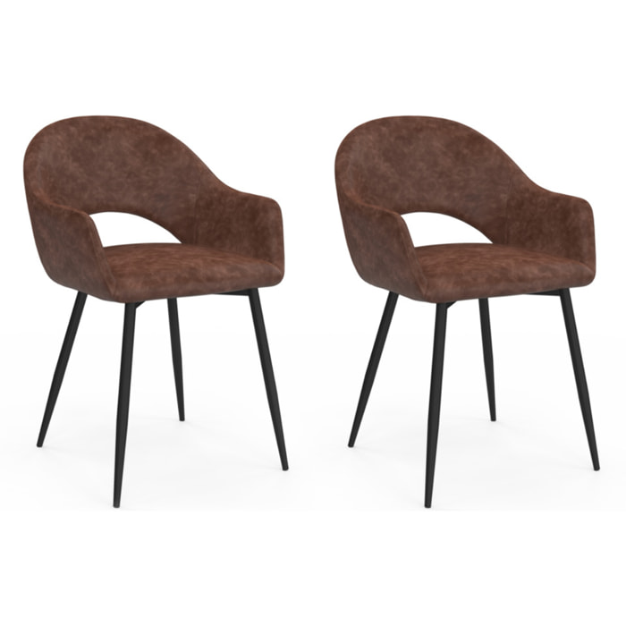 Chaises Rebecca avec accoudoirs en similicuir marron et pieds métal - lot de 2