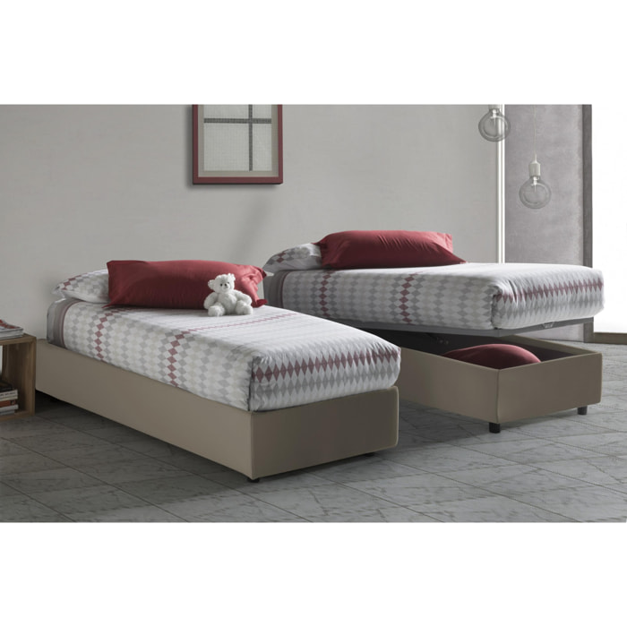 Letto singolo Alessandra, Letto contenitore con rivestimento in ecopelle, 100% Made in Italy, Apertura frontale, con materasso Cm 90x190 incluso, Tortora