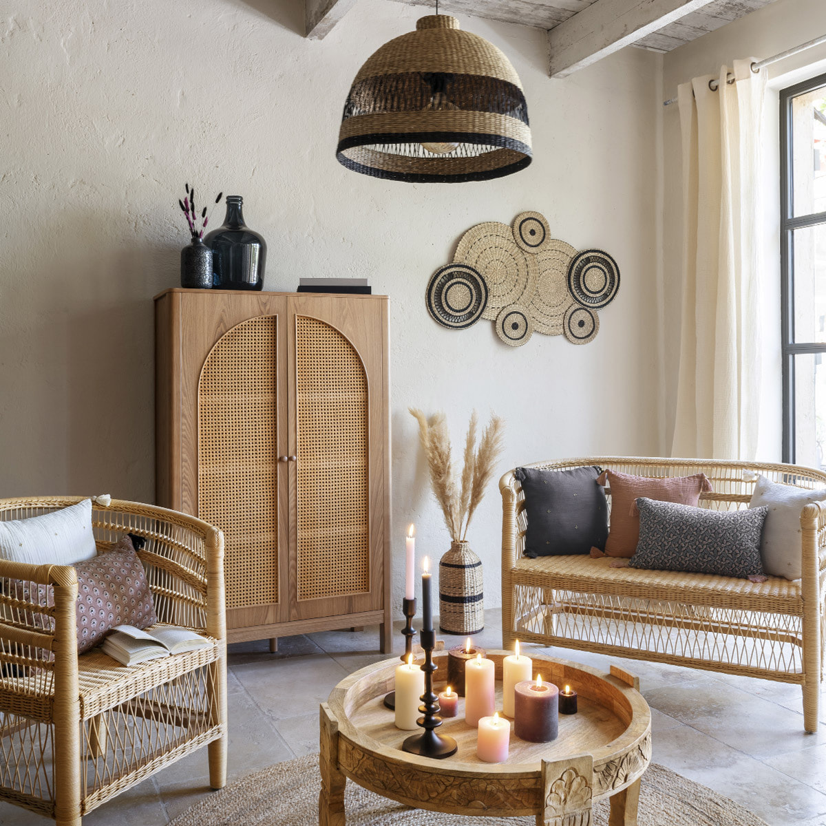 Banquette "Malevio" en rotin & acajou 125x65cm beige