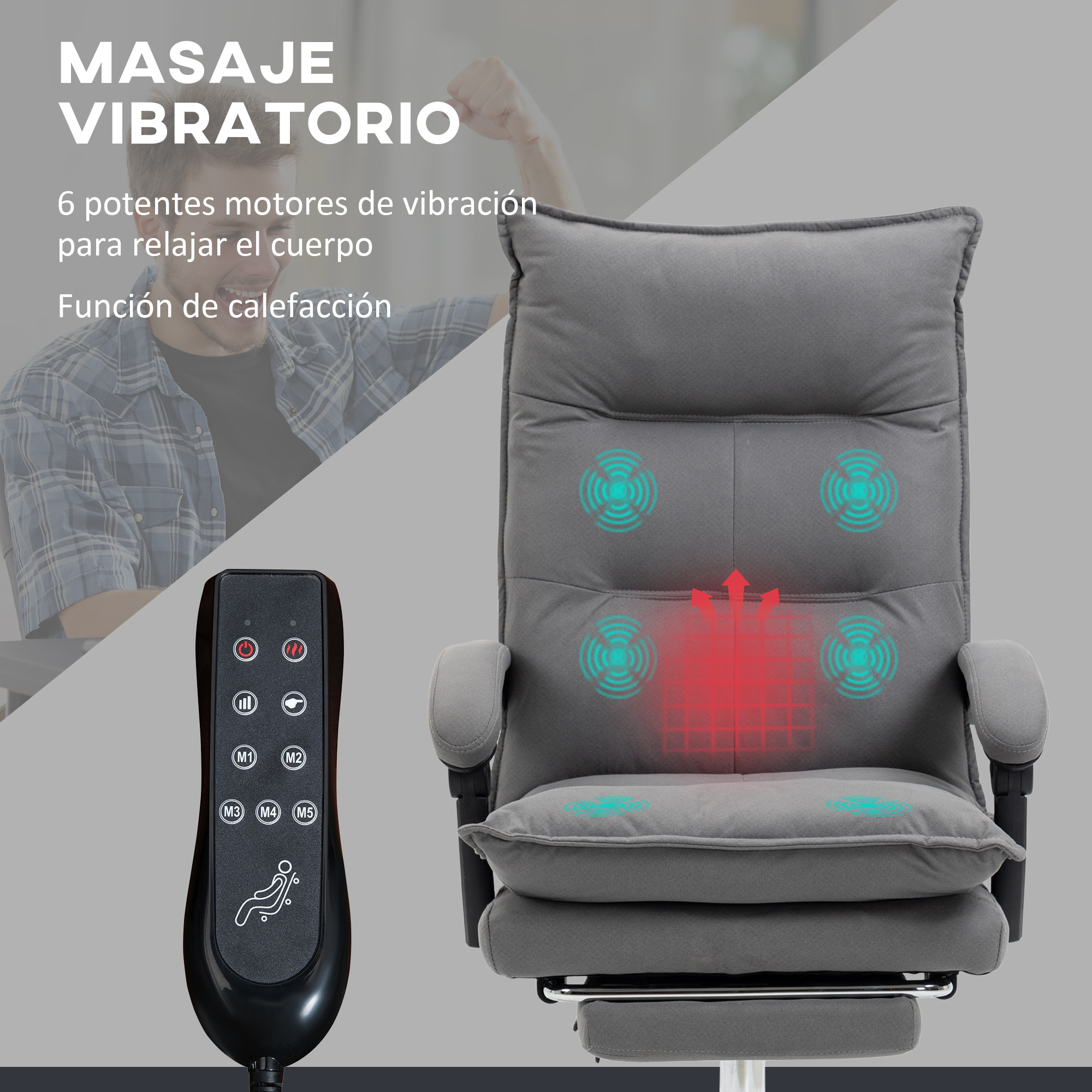 Silla de Masaje con 6 Puntos de Masaje y 5 Modos Silla de Escritorio Reclinable con Función de Calefacción Altura Ajustable Reposapiés y Ruedas para Estudio 66x74x114-121,5 cm Gris