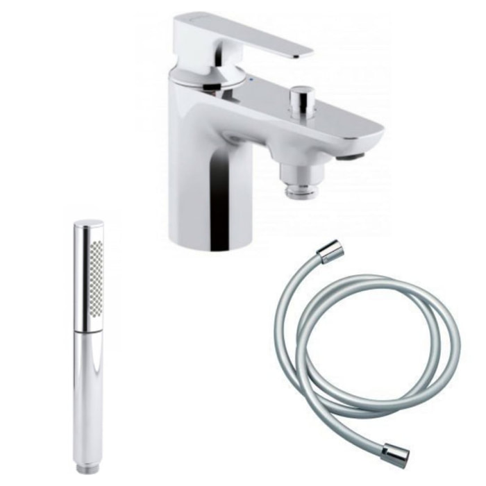 Robinet bain douche monotrou Jacob Delafon Aleo+ + Douchette 2 jets Jacob Delafon Shift Ellipse chromé + Flexible lisse anti-torsion 1600 mm, Chrome Jacob Delafon