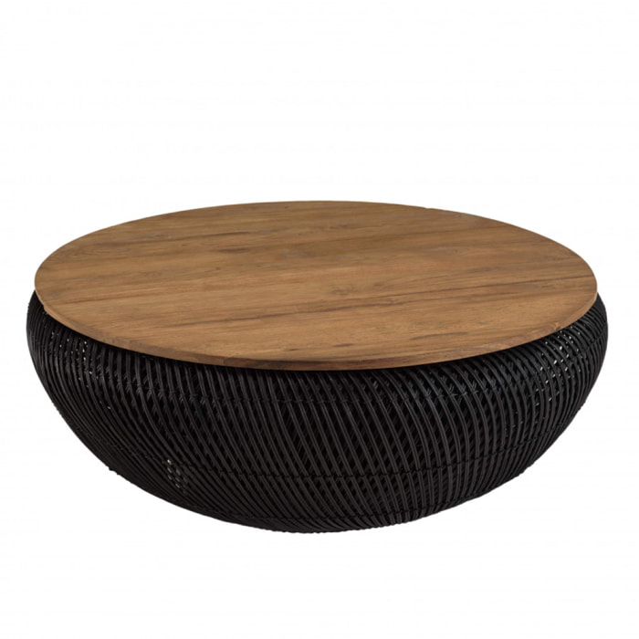 ALIDA - Table basse ronde 100x100cm en rotin noir plateau amovible