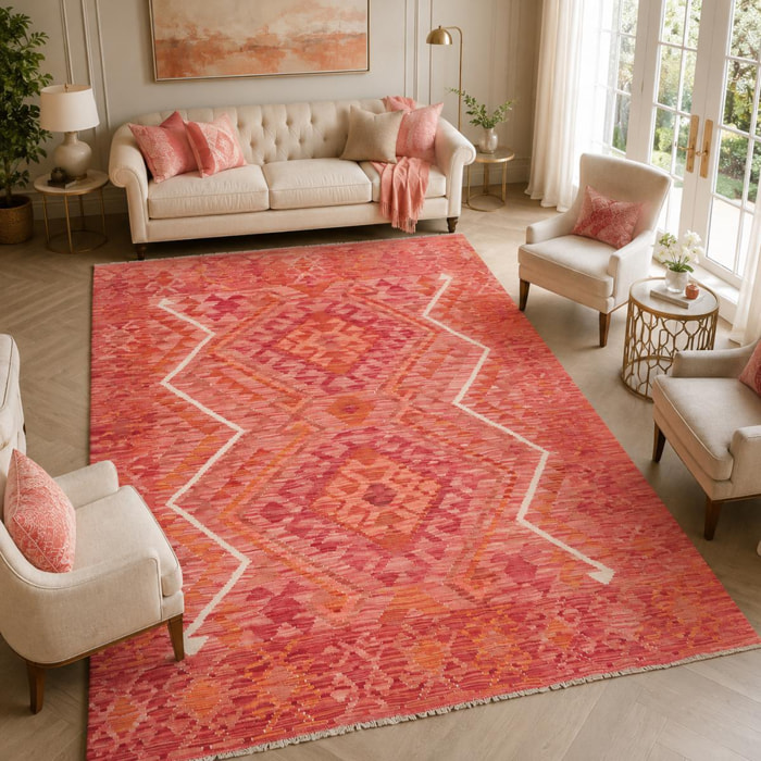 Tapis kilim géométrique, tissé plat en laine, UMES