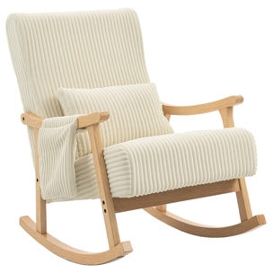 Silla Mecedora, Mecedora de Pana con Cojín Lumbar, Patas y Reposabrazos de Madera, Bolsillo, Estilo Moderno, Sillón de Lactancia, Carga 120 kg, para Dormitorio, Salón, Beige
