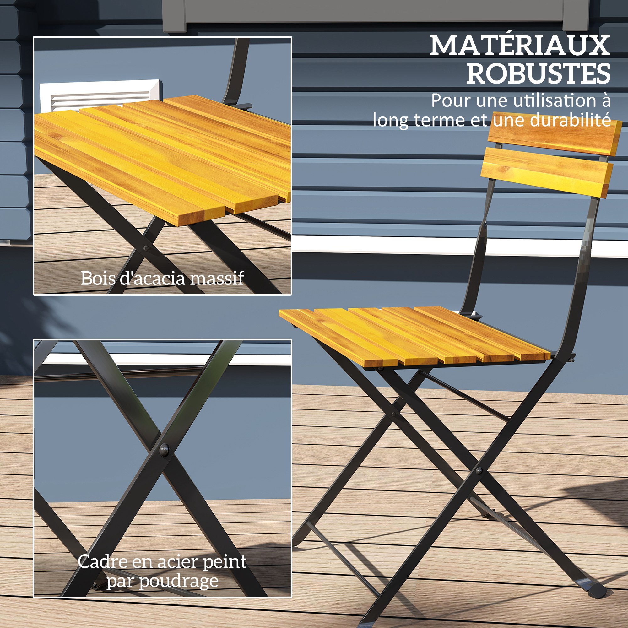 Ensemble bistrot de jardin 3 pièces pliables style exotique acier noir lattes bois acacia verni
