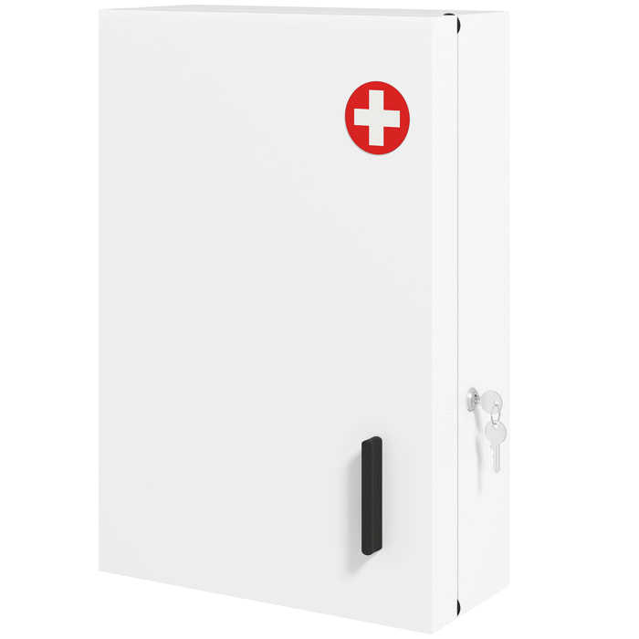 Botiquín de Pared de Primeros Auxilios, Botiquín de Medicinas con 6 Compartimentos, Cerradura y 2 Llaves, para Baño, Cocina, Recibidor, 40x18x60 cm, Blanco